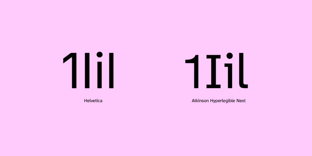 Comparación tipográfica entre Helvetica y Atkinson Hyperlegible Next mostrando la diferencia en la legibilidad de los caracteres “1” y “I”.