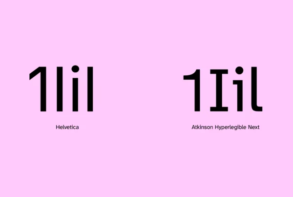 Comparación tipográfica entre Helvetica y Atkinson Hyperlegible Next mostrando la diferencia en la legibilidad de los caracteres “1” y “I”.
