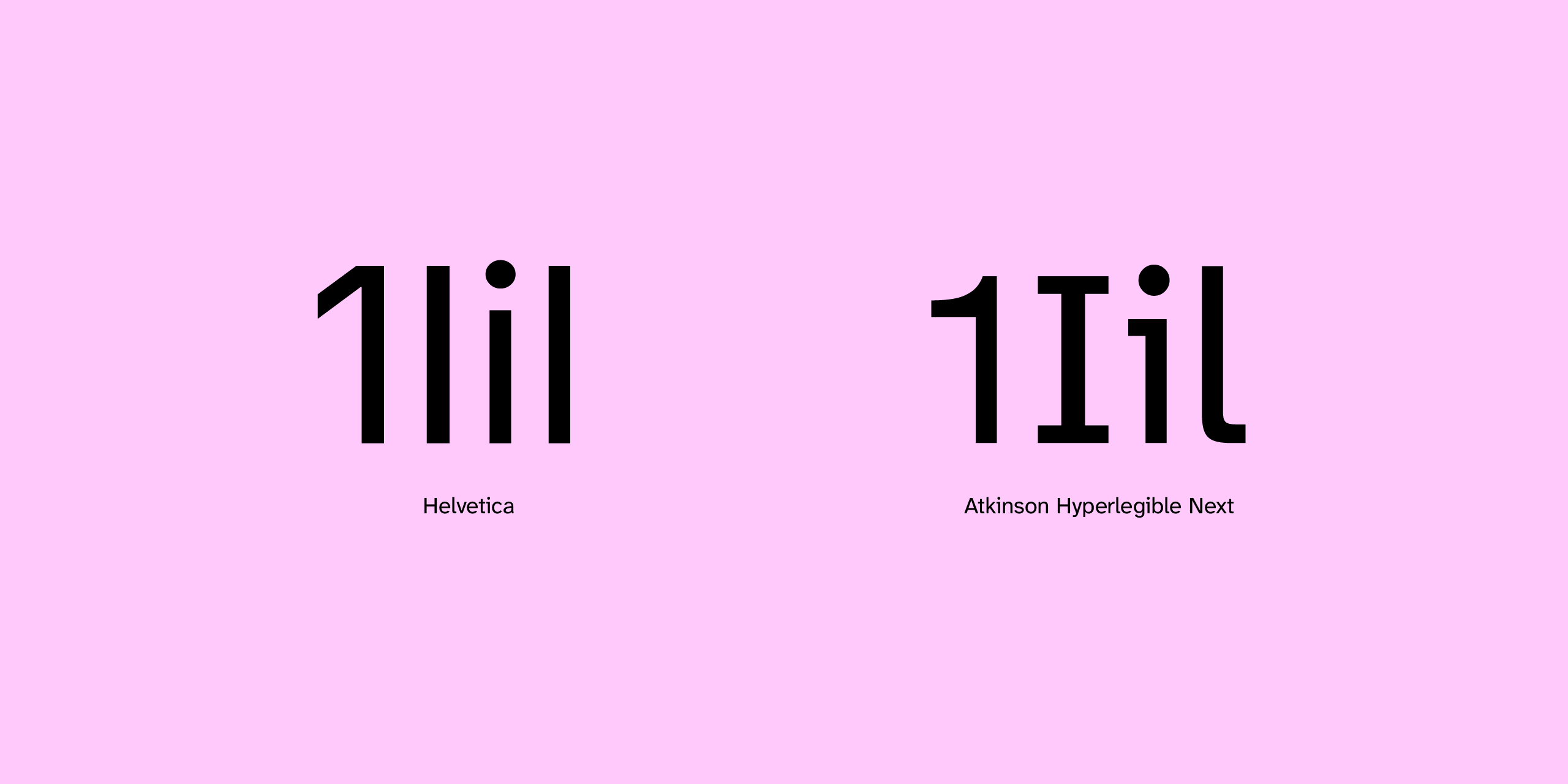 Comparación tipográfica entre Helvetica y Atkinson Hyperlegible Next mostrando la diferencia en la legibilidad de los caracteres “1” y “I”.